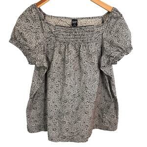 Vintage 90s GAP Black Cream Floral Smocked Puff Sleeve Square Neck Blouse Large